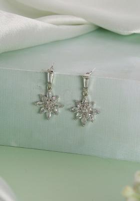 Rhodium Plated And Crytals Studded Floral Drop Earrings