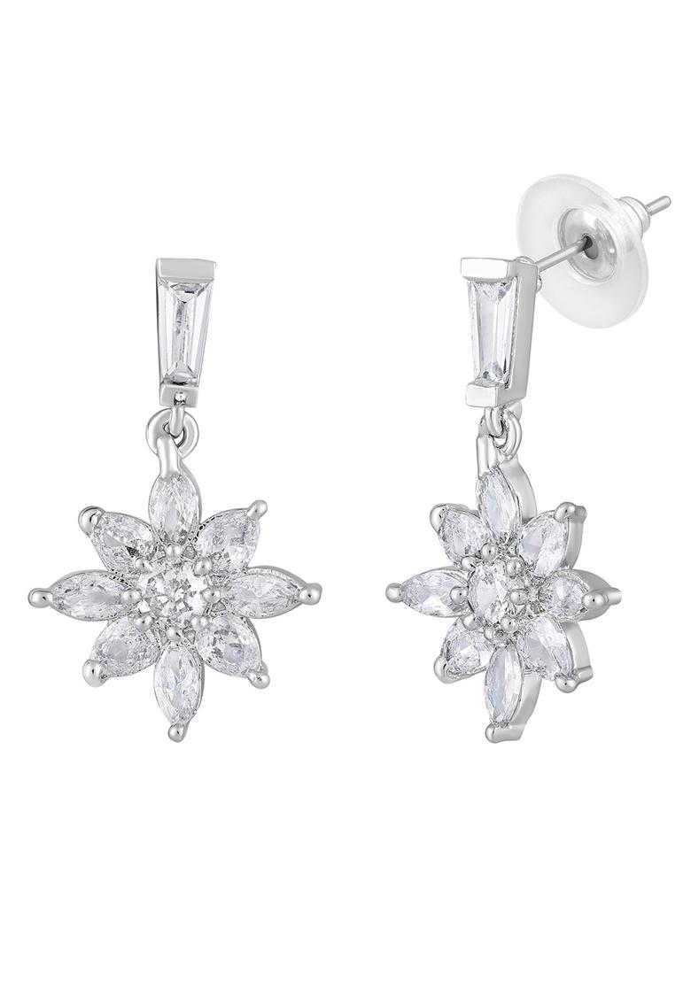 Rhodium Plated And Crytals Studded Floral Drop Earrings