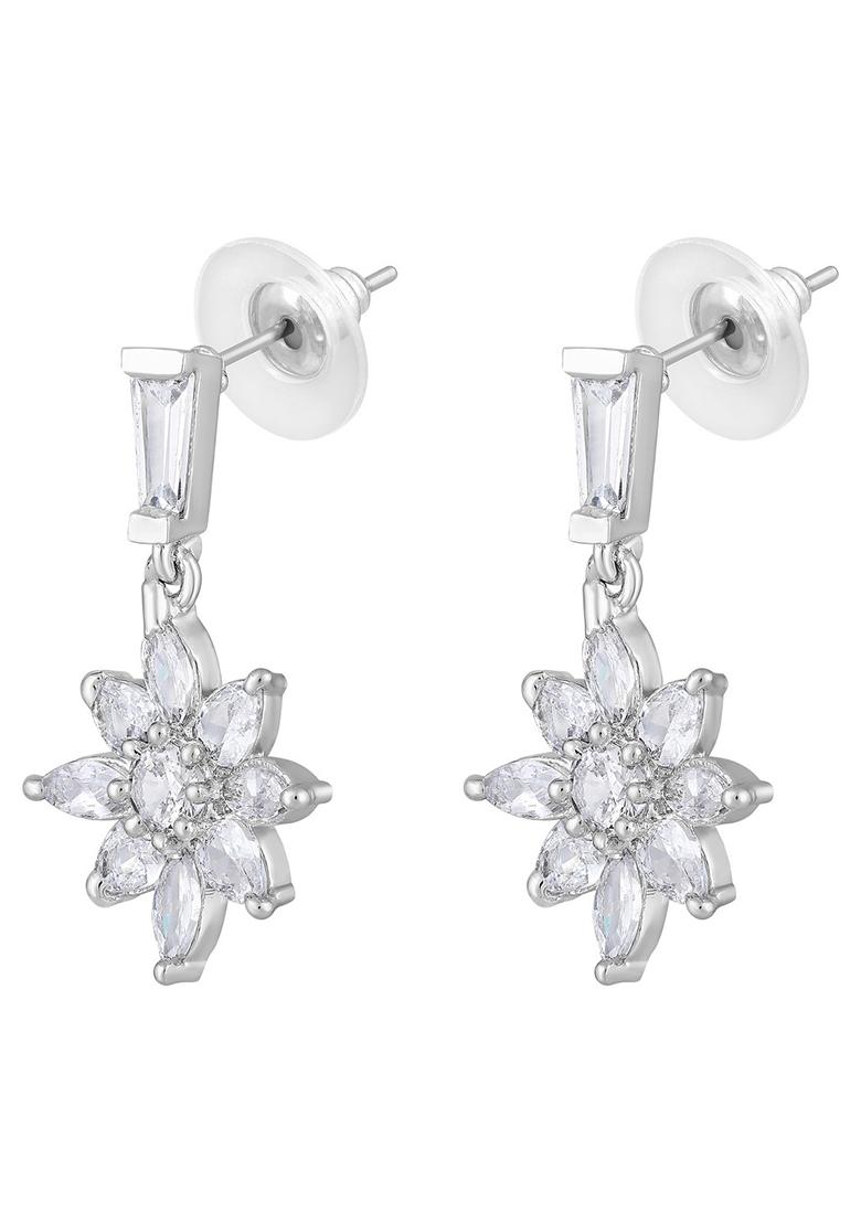 Rhodium Plated And Crytals Studded Floral Drop Earrings