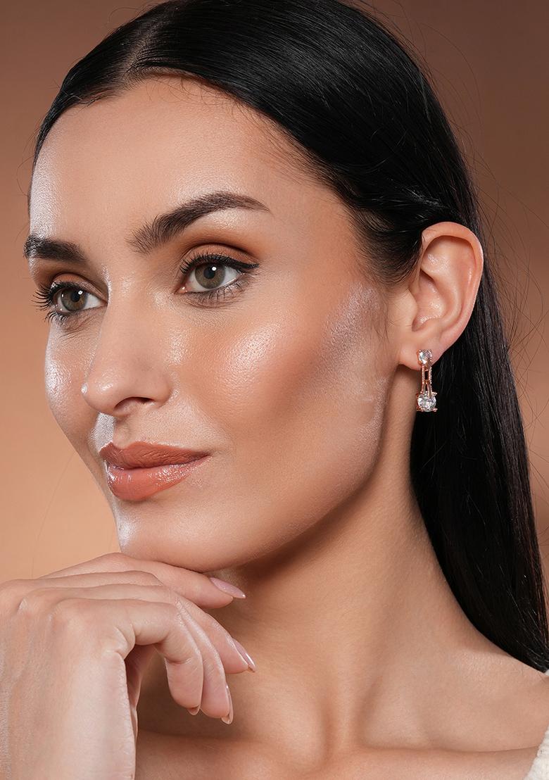 Rose Gold Plated White Circular Crystal Studdded Drop Earrings