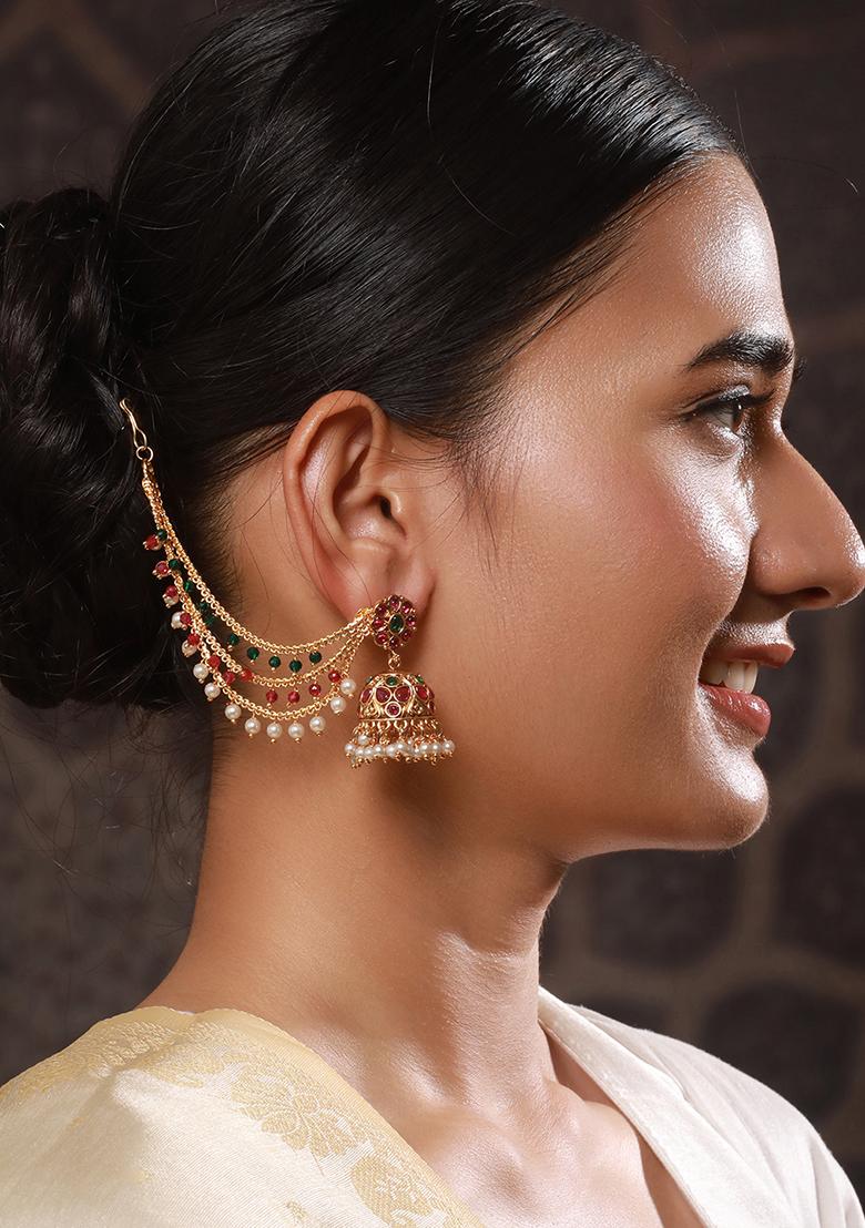 Gold Plated Beaded And Studded Classic Ear Cuff Earrings