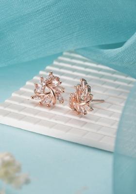 Rose Gold Plated Cz Studded Triangular Floral Studs Earrings