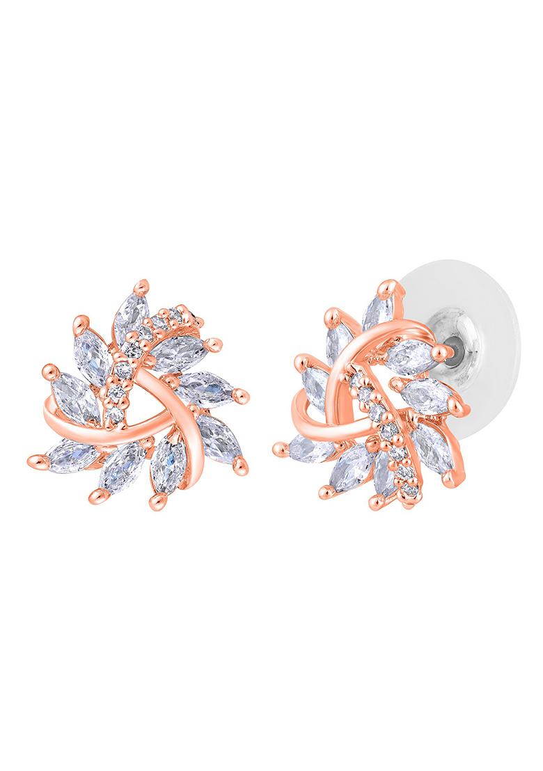 Rose Gold Plated Cz Studded Triangular Floral Studs Earrings