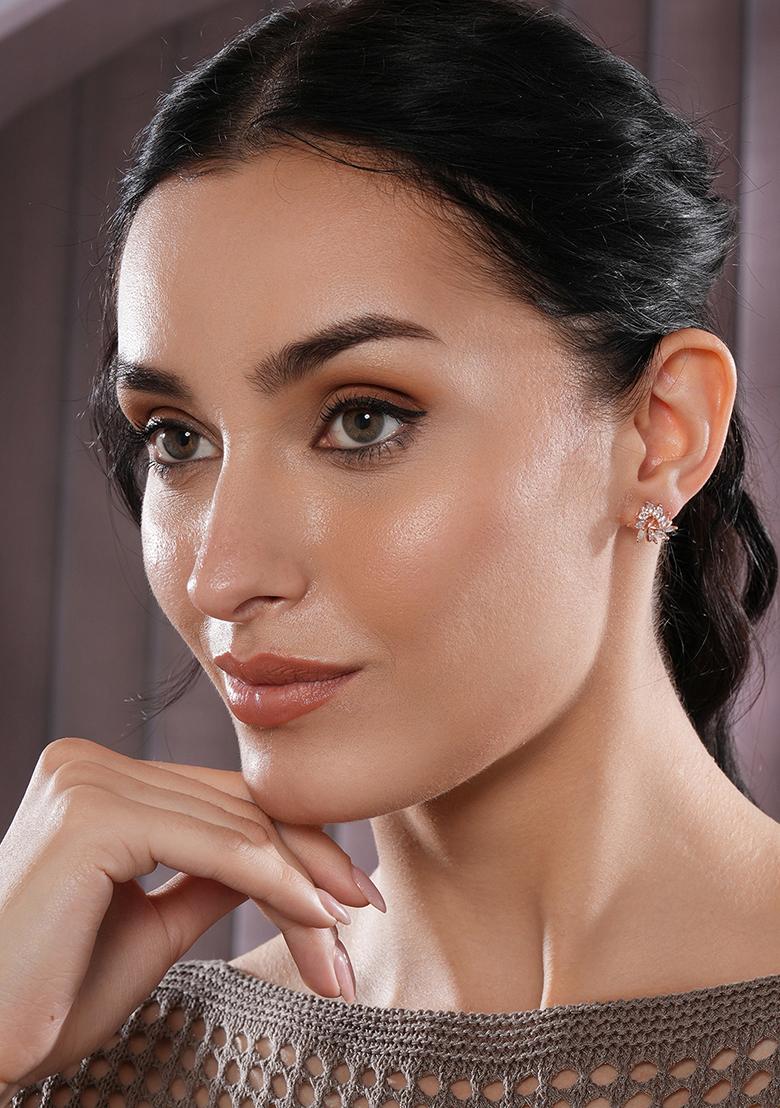 Rose Gold Plated Cz Studded Triangular Floral Studs Earrings