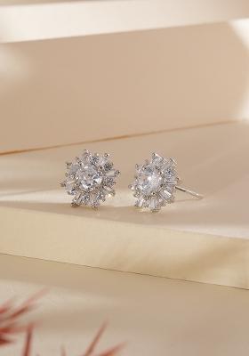 Silver Plated American Diamond Studded Floral Stud Earrings