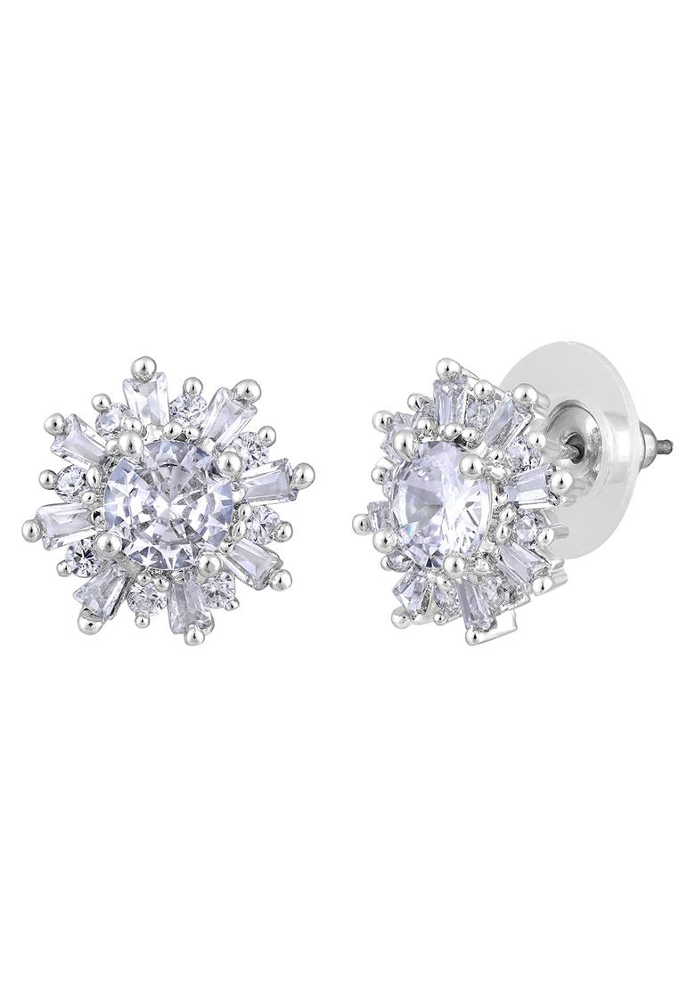 Silver Plated American Diamond Studded Floral Stud Earrings