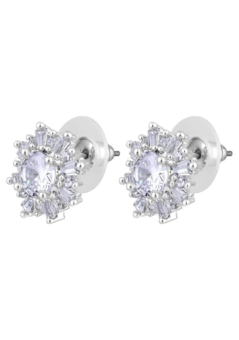 Silver Plated American Diamond Studded Floral Stud Earrings