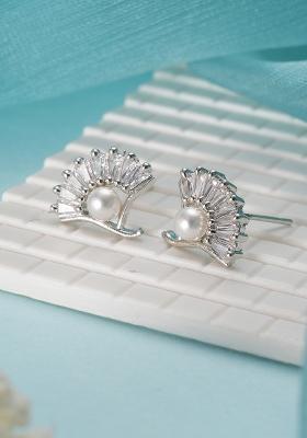 Rhodium Plated Pearl Studded Contemporary Stud Earrings