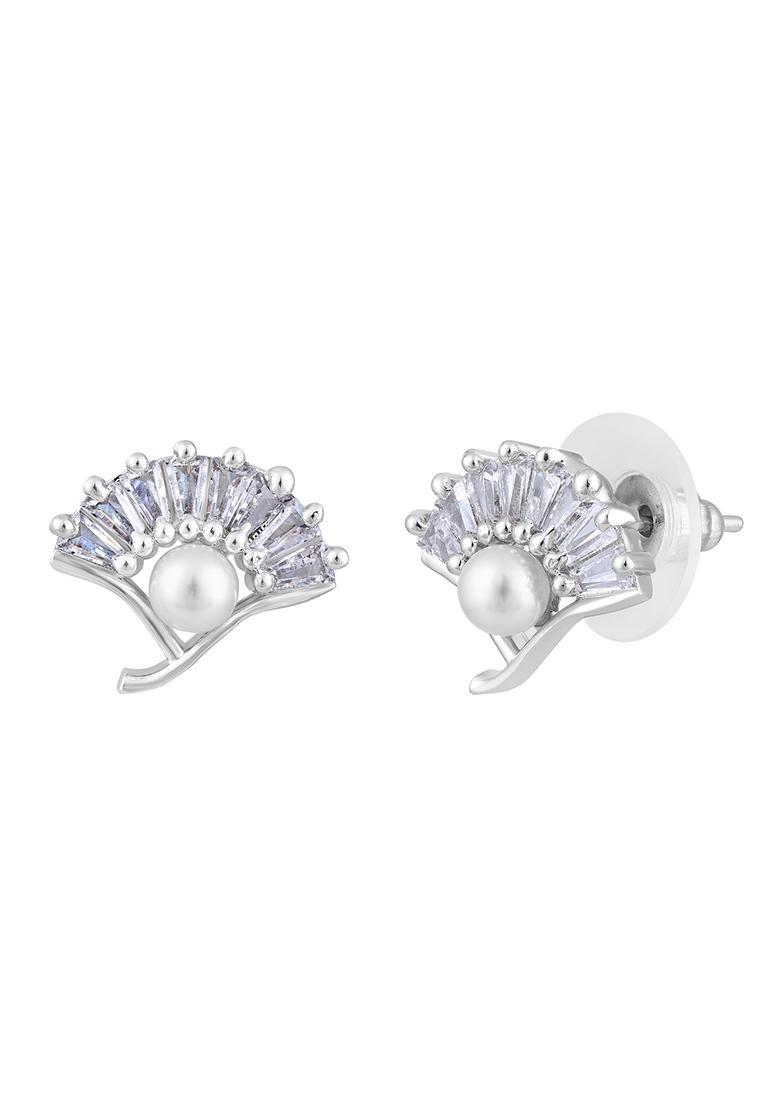 Rhodium Plated Pearl Studded Contemporary Stud Earrings
