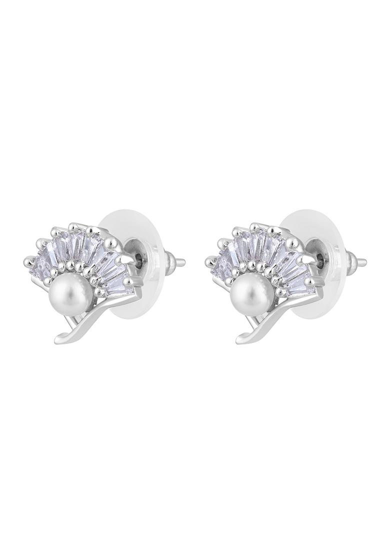 Rhodium Plated Pearl Studded Contemporary Stud Earrings