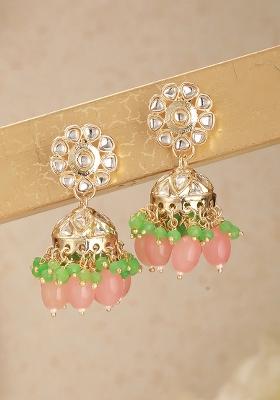 White Kundan Studded And Beaded Floral Shaped Jhumka Earrings