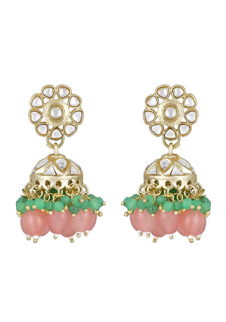 White Kundan Studded And Beaded Floral Shaped Jhumka Earrings