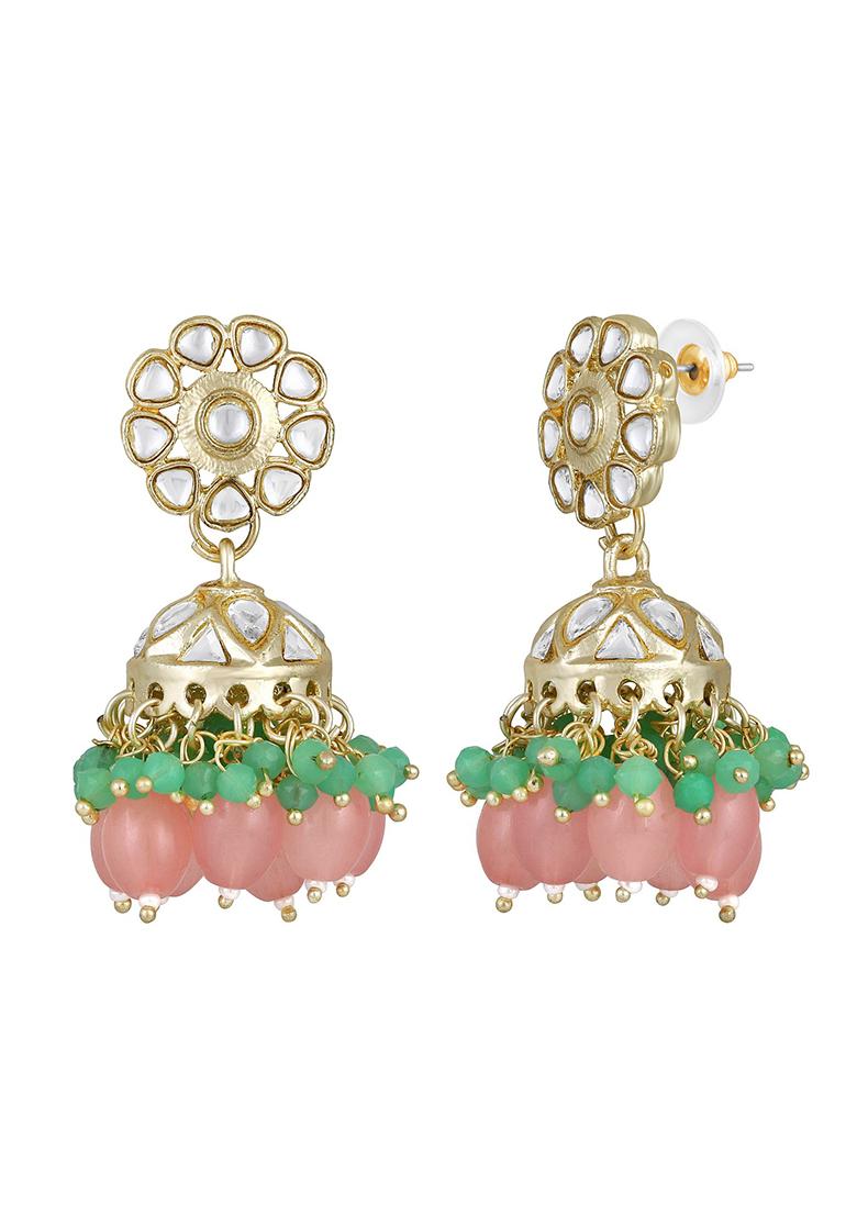 White Kundan Studded And Beaded Floral Shaped Jhumka Earrings