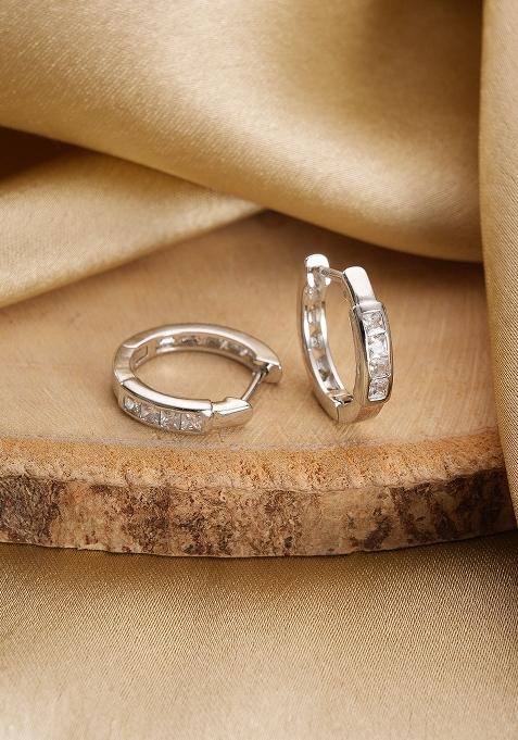 Silver Plated And White Circular Crystals Hoop Earrings