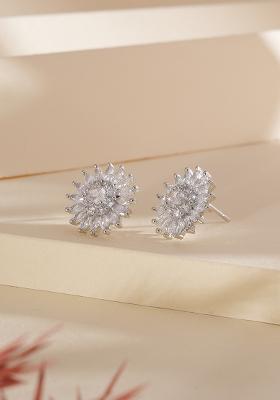 Rhodium Plated Cz Studded Floral Studs Earrings