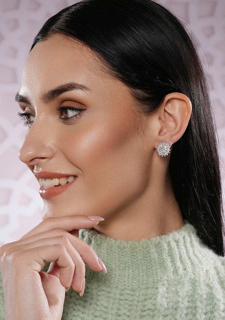 Rhodium Plated Cz Studded Floral Studs Earrings