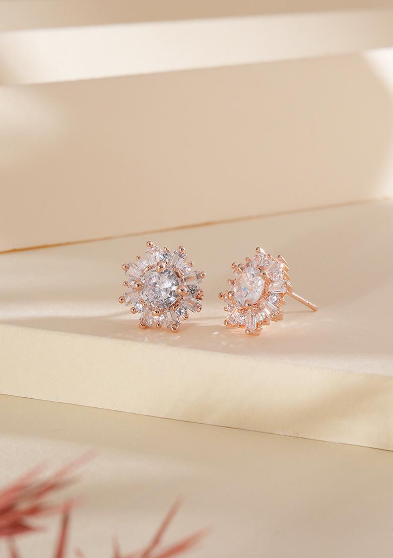 Rose Gold Plated American Diamond Studded Floral Stud Earrings
