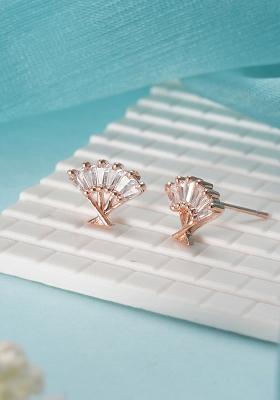 Rose Gold Plated Cz Studded Fan Shaped Stud Earrings