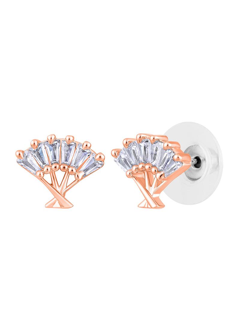 Rose Gold Plated Cz Studded Fan Shaped Stud Earrings