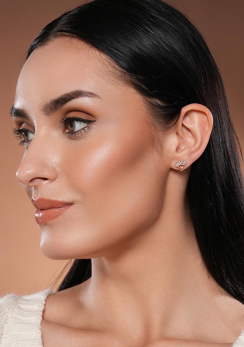 Rose Gold Plated Cz Studded Fan Shaped Stud Earrings