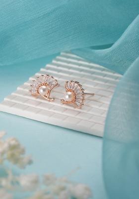 Rose Gold Plated Pearl Studded Floral Stud Earrings
