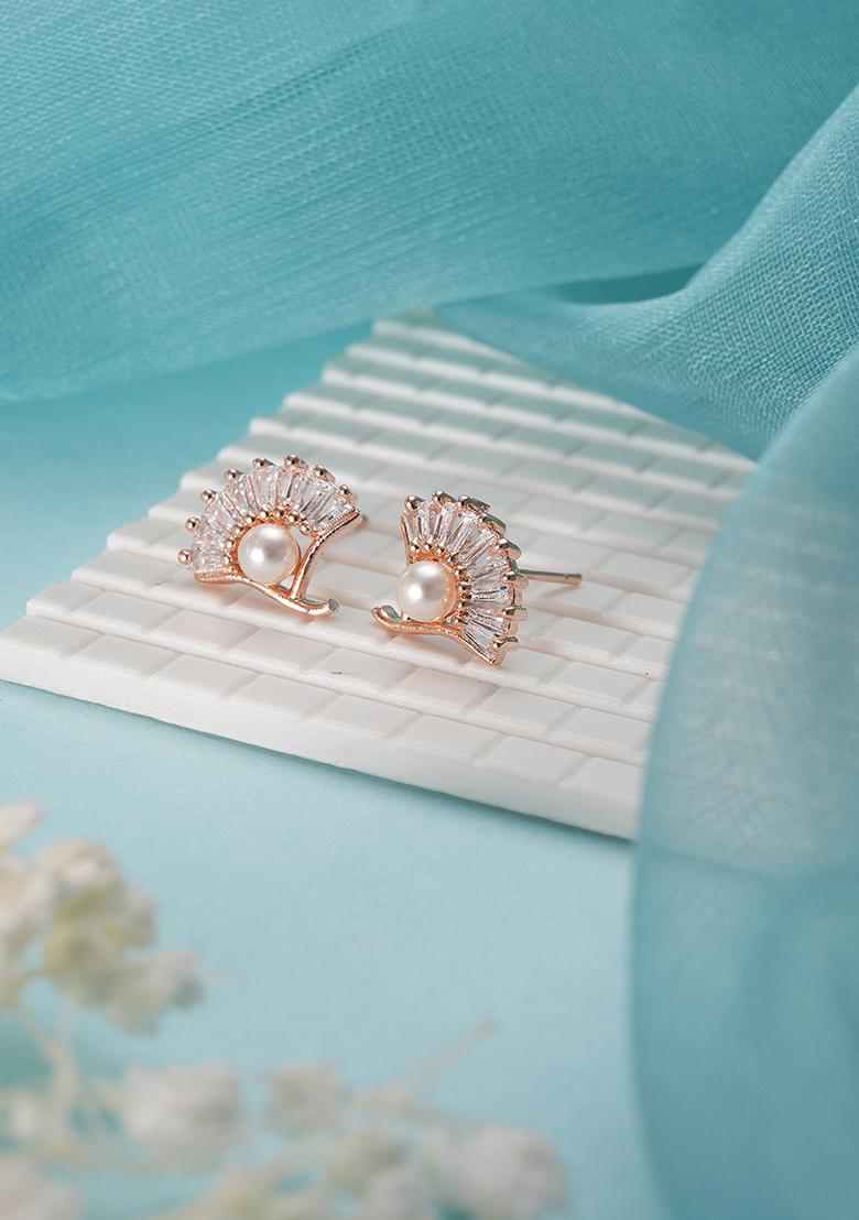 Rose Gold Plated Pearl Studded Floral Stud Earrings