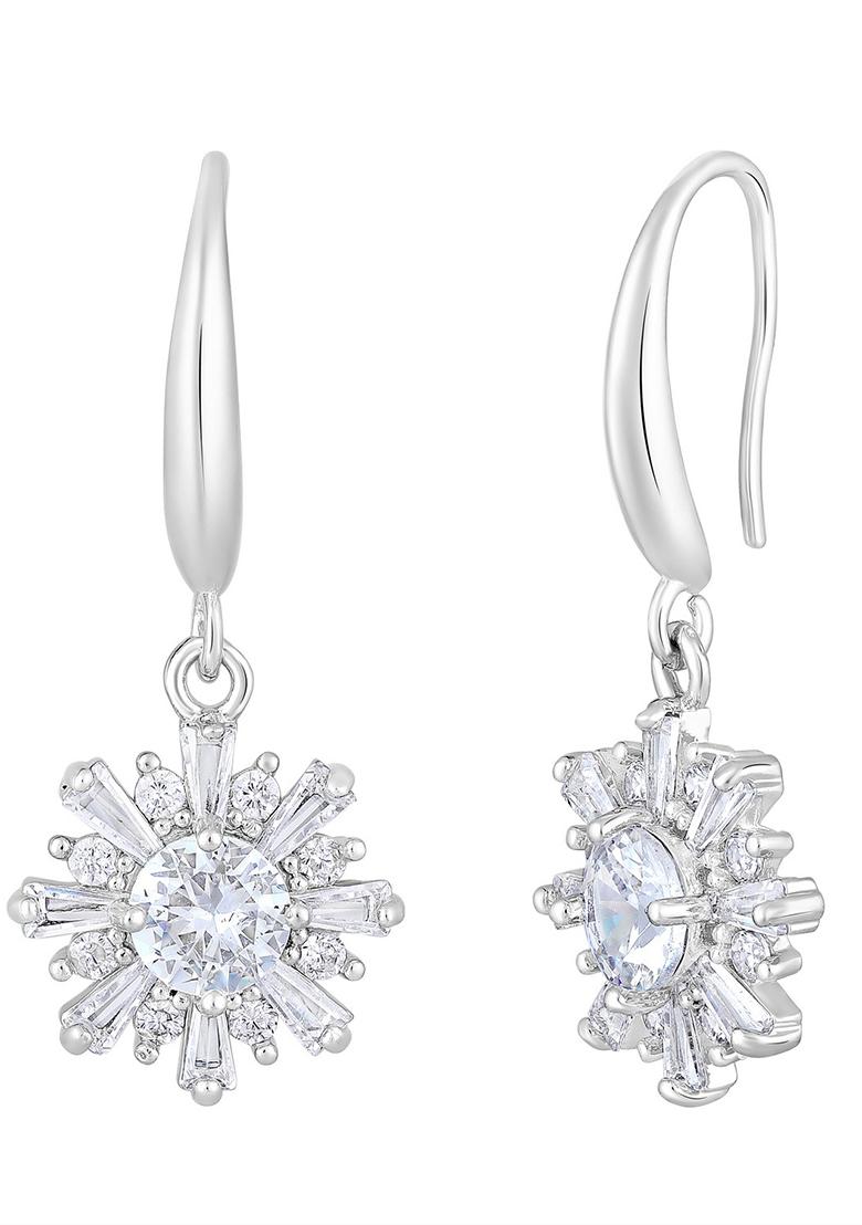 Rhodium Plated And Ad Studded Floral Drop Earrings