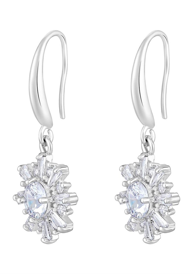 Rhodium Plated And Ad Studded Floral Drop Earrings