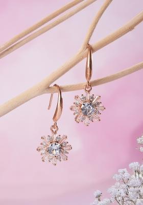 Rose Gold Plated And Ad Studded Floral Drop Earrings