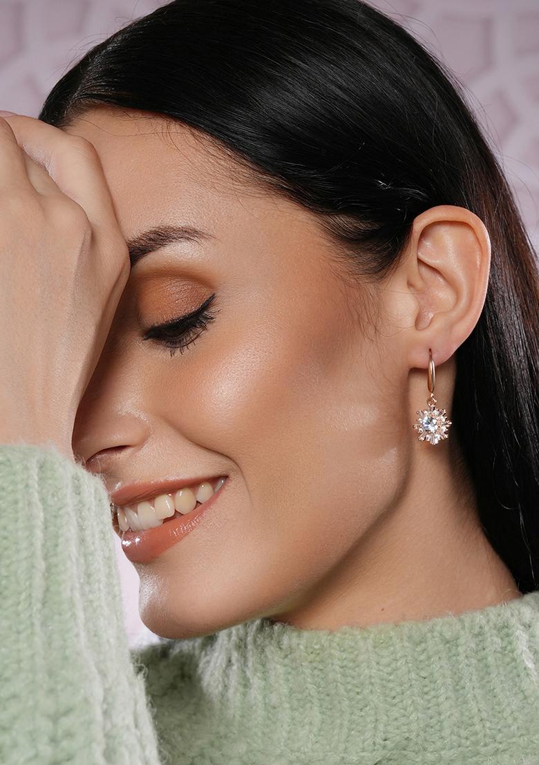 Rose Gold Plated And Ad Studded Floral Drop Earrings