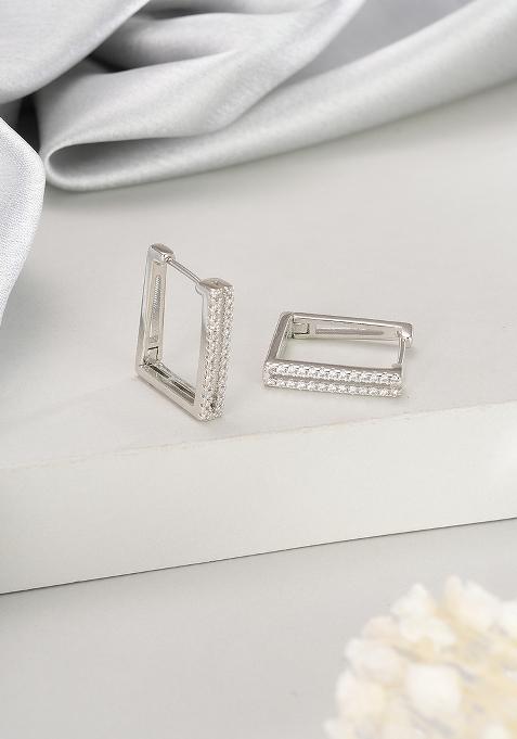 Silver Toned Rhodium Western Style Square Hoop Earrings
