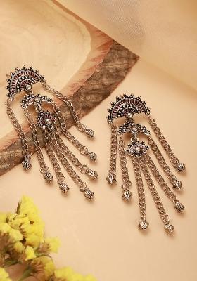 Silver Toned Mandala Brass Tassels Drop Earrings