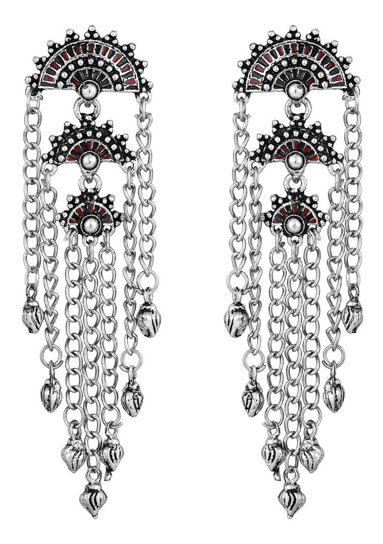 Silver Toned Mandala Brass Tassels Drop Earrings