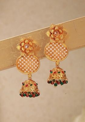 Gold Plated Floral Shaped Kundan And Pearl Studded Jhumka Earrings