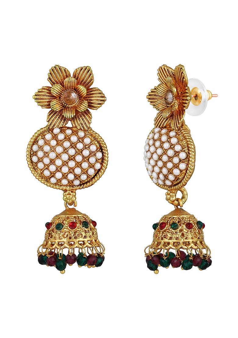 Gold Plated Floral Shaped Kundan And Pearl Studded Jhumka Earrings