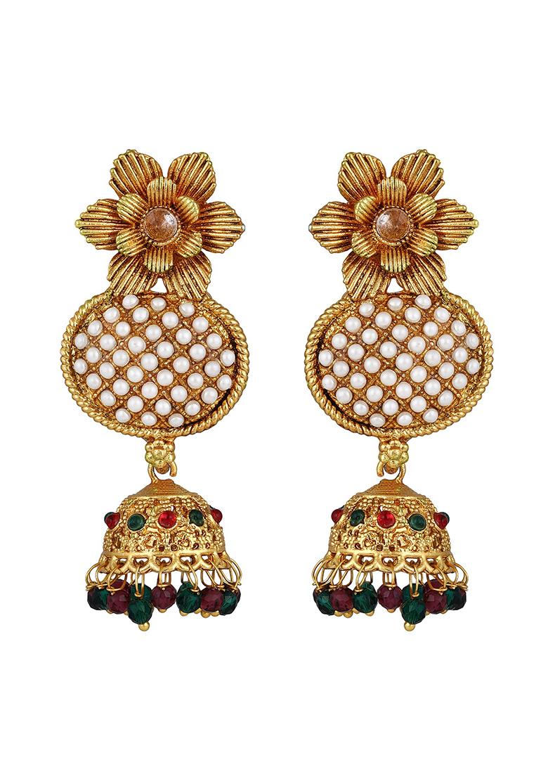 Gold Plated Floral Shaped Kundan And Pearl Studded Jhumka Earrings