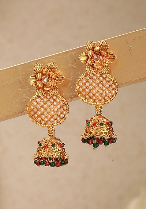 Gold Plated Floral Shaped Kundan And Pearl Studded Jhumka Earrings