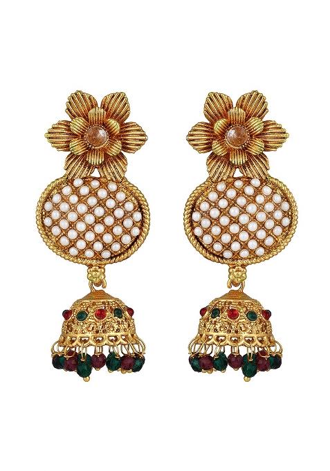 Gold Plated Floral Shaped Kundan And Pearl Studded Jhumka Earrings