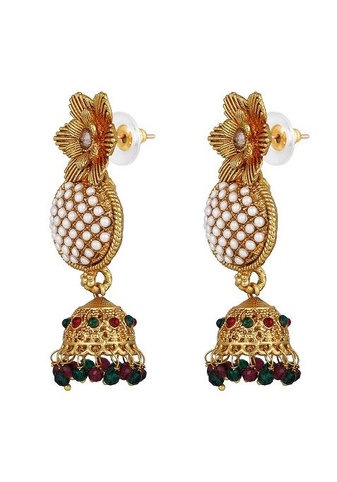 Gold Plated Floral Shaped Kundan And Pearl Studded Jhumka Earrings