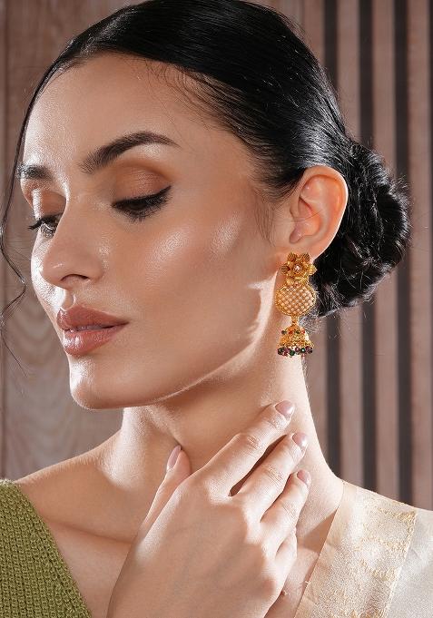Gold Plated Floral Shaped Kundan And Pearl Studded Jhumka Earrings