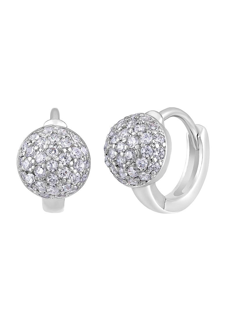 Rhodium Plated Ad Studded Contemporary Half Hoop Earrings
