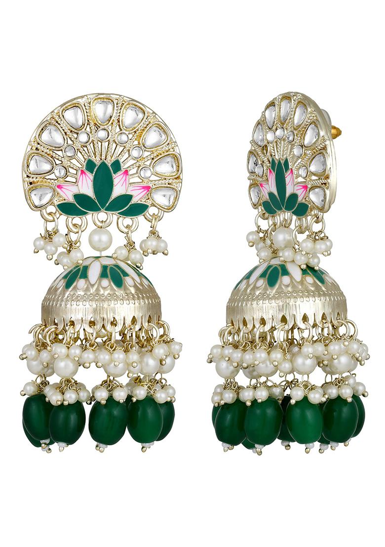 Green Gold Plated Pink And Green Meenakari Work With Green Beads Jhumka Earrings