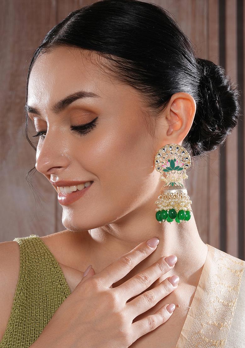 Green Gold Plated Pink And Green Meenakari Work With Green Beads Jhumka Earrings