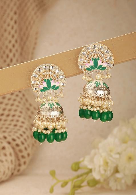 Green Gold Plated Pink And Green Meenakari Work With Green Beads Jhumka Earrings