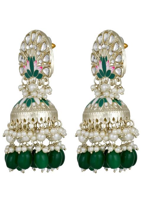 Green Gold Plated Pink And Green Meenakari Work With Green Beads Jhumka Earrings