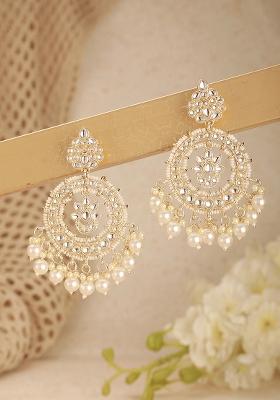 Gold Plated White Kundan And Pearl Studded Crescent Shaped Chandbalis