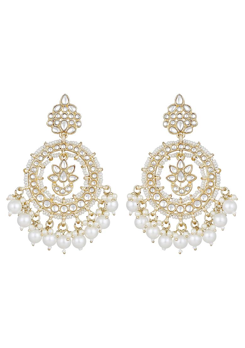 Gold Plated White Kundan And Pearl Studded Crescent Shaped Chandbalis