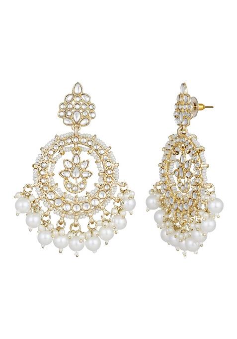 Gold Plated White Kundan And Pearl Studded Crescent Shaped Chandbalis