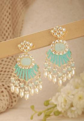Blue Gold Plated Kundan Studded With Aqua Blue And White Bead Chandbali Earrings