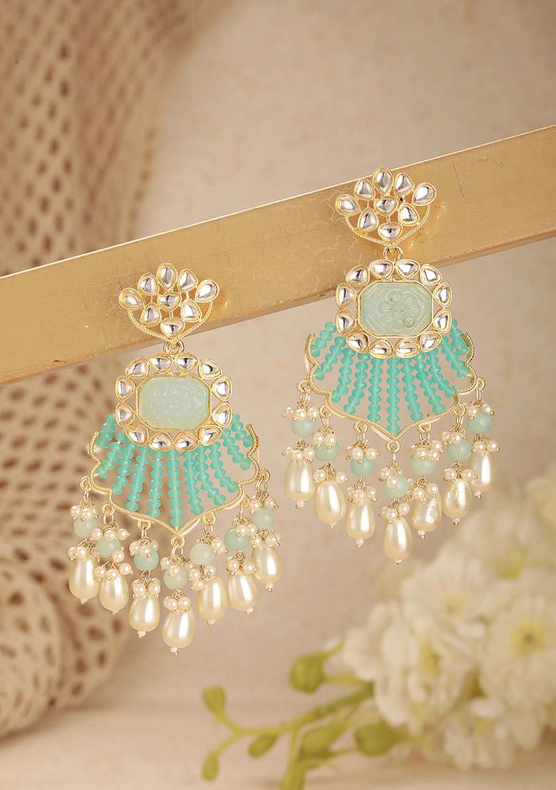 Blue Gold Plated Kundan Studded With Aqua Blue And White Bead Chandbali Earrings - Indya